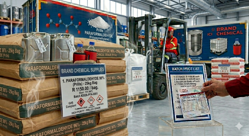 Industrial Paraformaldehyde Powder in South Africa Industrial paraformaldehyde powder in sealed bags and containers inside a modern South African warehouse with the national flag visible.