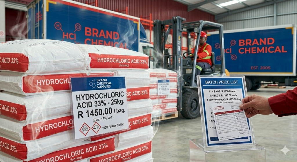 Bulk hydrochloric acid drums and containers stacked in a South African warehouse with the national flag visible.