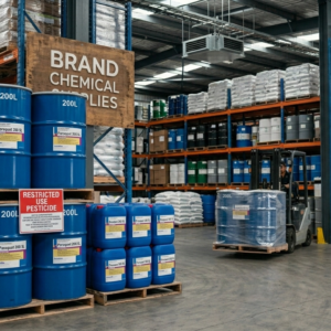 Paraquat herbicide bottle and protective gloves used for effective weed control in agriculture